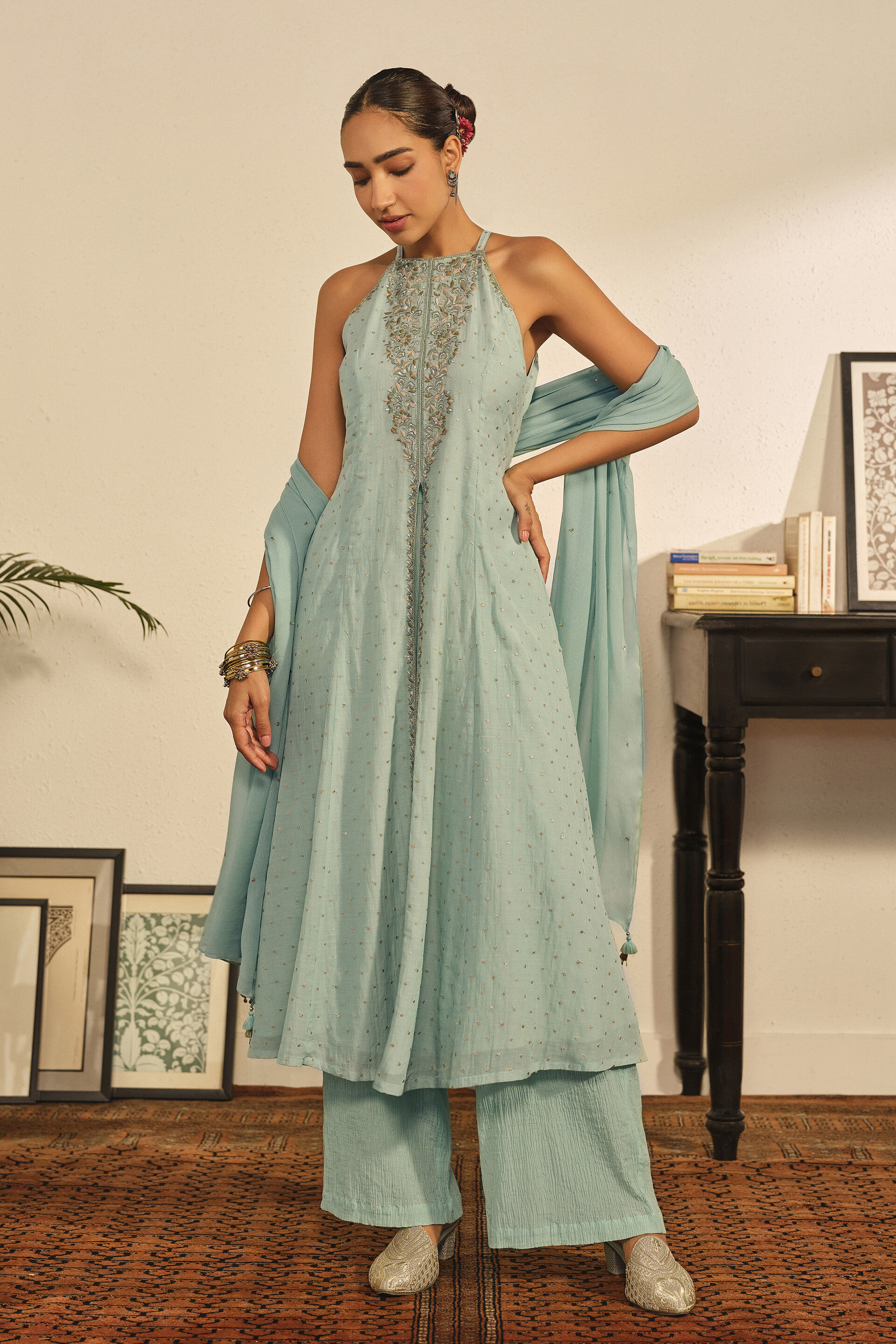 Embroidered A-line Kurta Set in Sky Blue